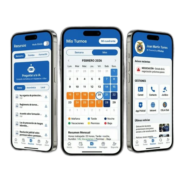 App sindical AfiliaApp mostrando el panel de home, turnos y soporte en smartphones